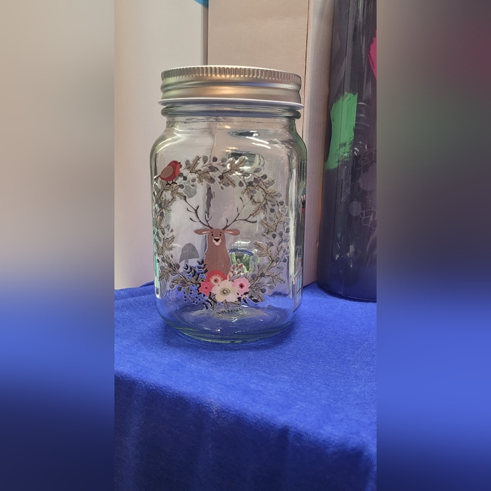Xmas and Reindeer mason style mug comes with 2 kids  for straw 1 for bag
